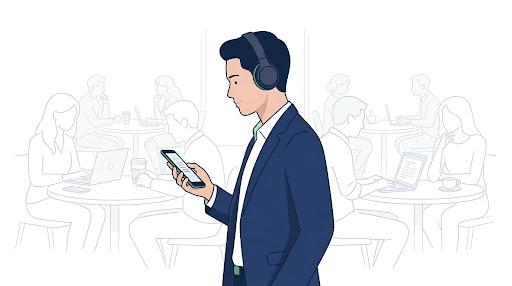 متعلّم يتدرب على الاستماع للإنجليزية في بيئة عمل